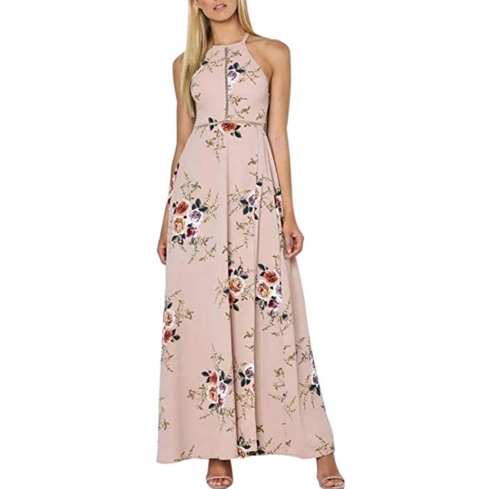 Floral Front Slit Open Back Halter Boho Maxi Dress - Picture 4 of 5